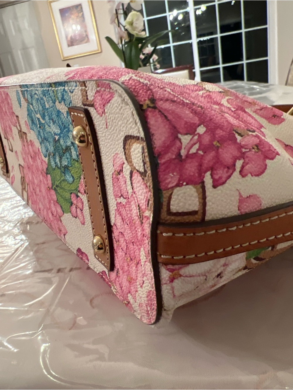 Dooney & Bourke Hydrangea Floral Tote | Pink Blue DB Logo Spring Garden Bag - Picture 5 of 11